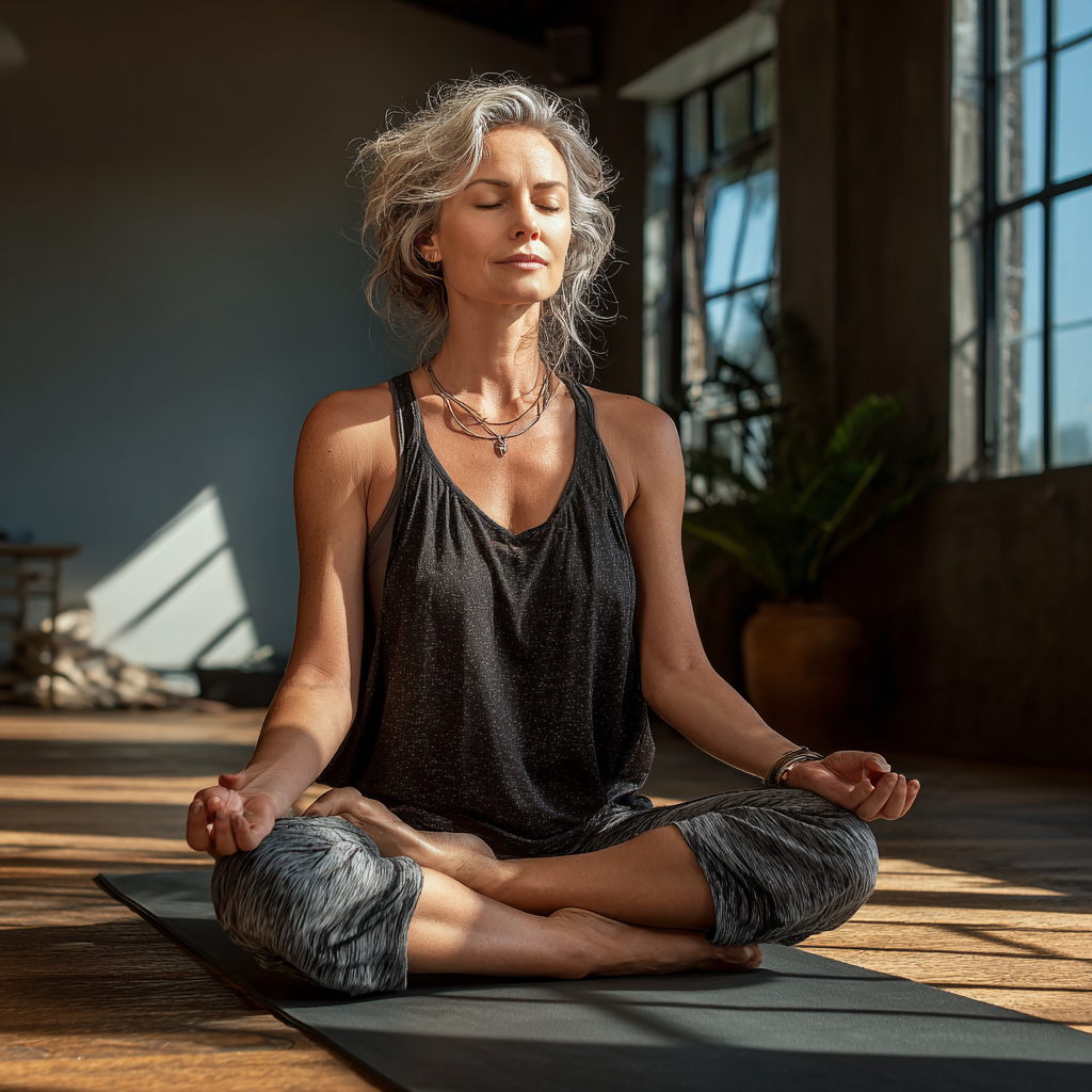 A serene woman in her mid-40s with gray-streaked hair sitting in lotus position on a yoga mat in a peaceful studio setting with natural lighting, demonstrating mindful meditation practice